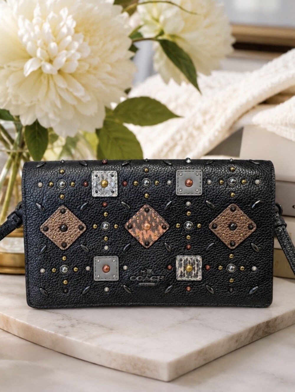 NEW Coach Foldover Crossbody Clutch With Prairie Rivets Snakeskin Detail 25681